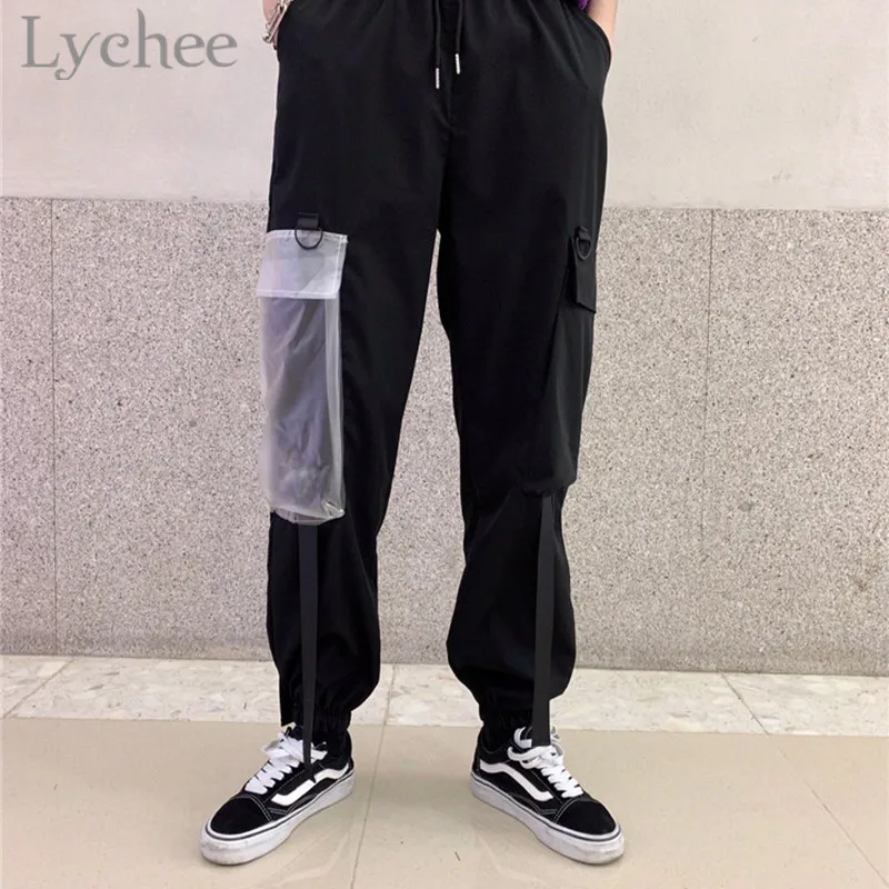 Женские брюки Lychee Harajuku с прозрачными карманами и лентой джоггеры высокой