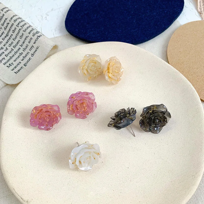 

Hot Sale 1 Pair Beautiful Resin Rose Flower Earrings Stud Earrings Gold Foil Earring Fashion Simple Gift For Women/Girl