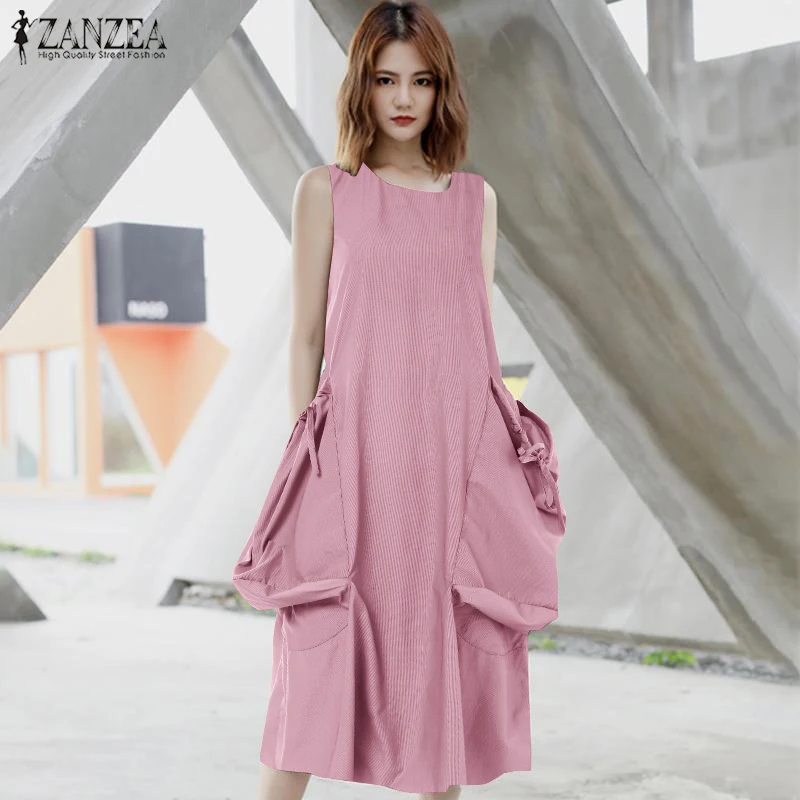 

ZANZEA Dress for Women 2019 Summer Solid Stripe Vestidos Casual Loose Big Pockets Sundress Sarafans Beach Dresses Stylish Robe