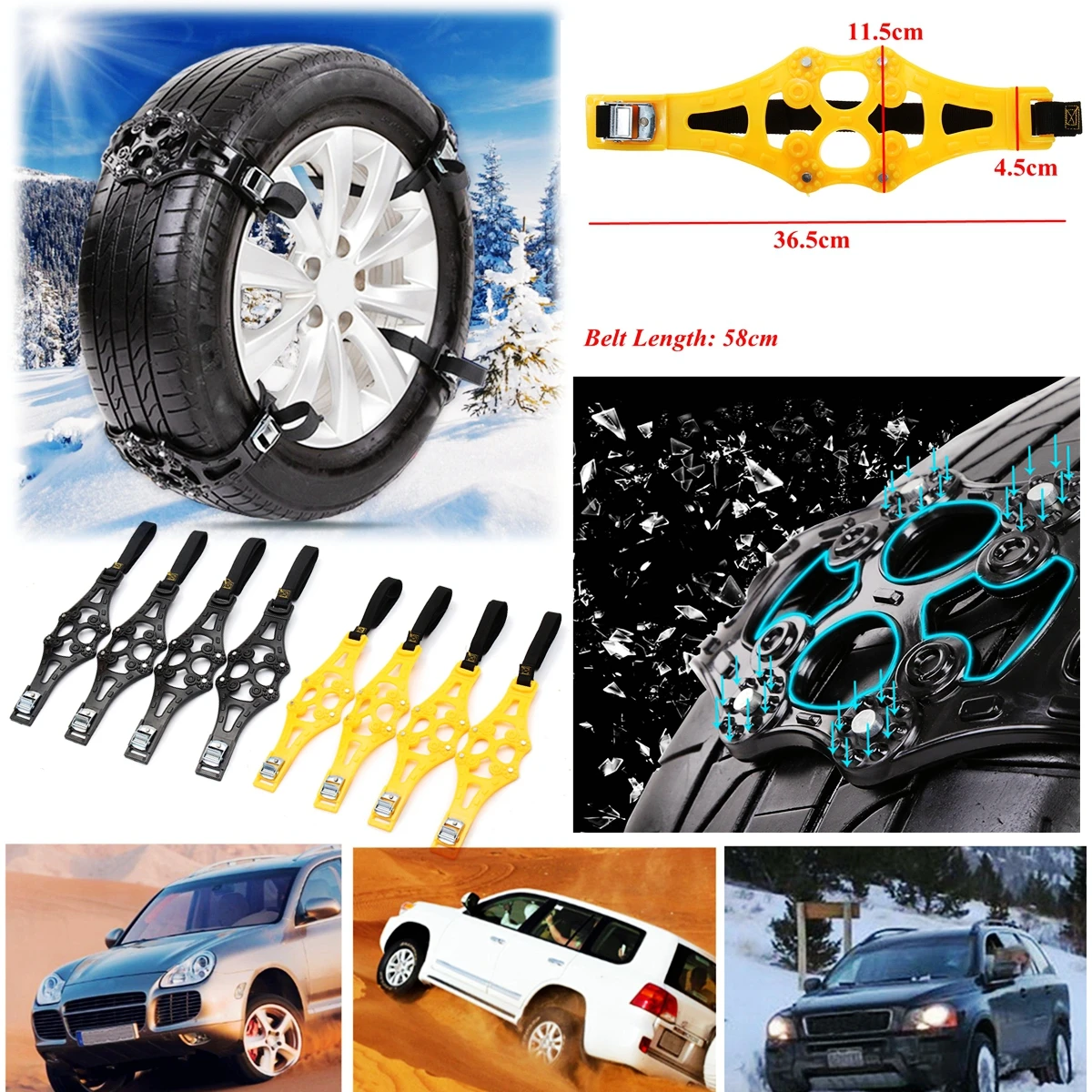 

8 pcs 4pcs Car Tire Anti-skid Chains Car Truck Snow Wheel Antiskid TPU Chains Adjustable Non-slip Belt fit for snow mud or sand