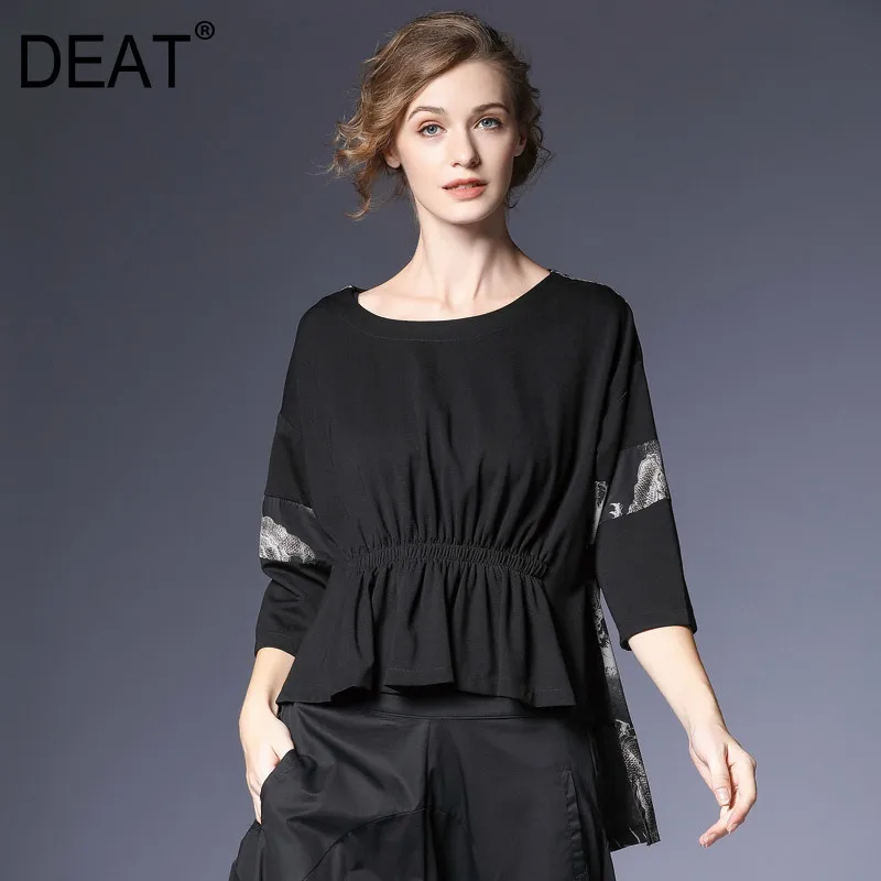

[DEAT] 2019 Summer Women Casual Short Tees Elegant Three Quarter Sleeve O-neck Spliced Printed Pleated Loose T-shirt LI118