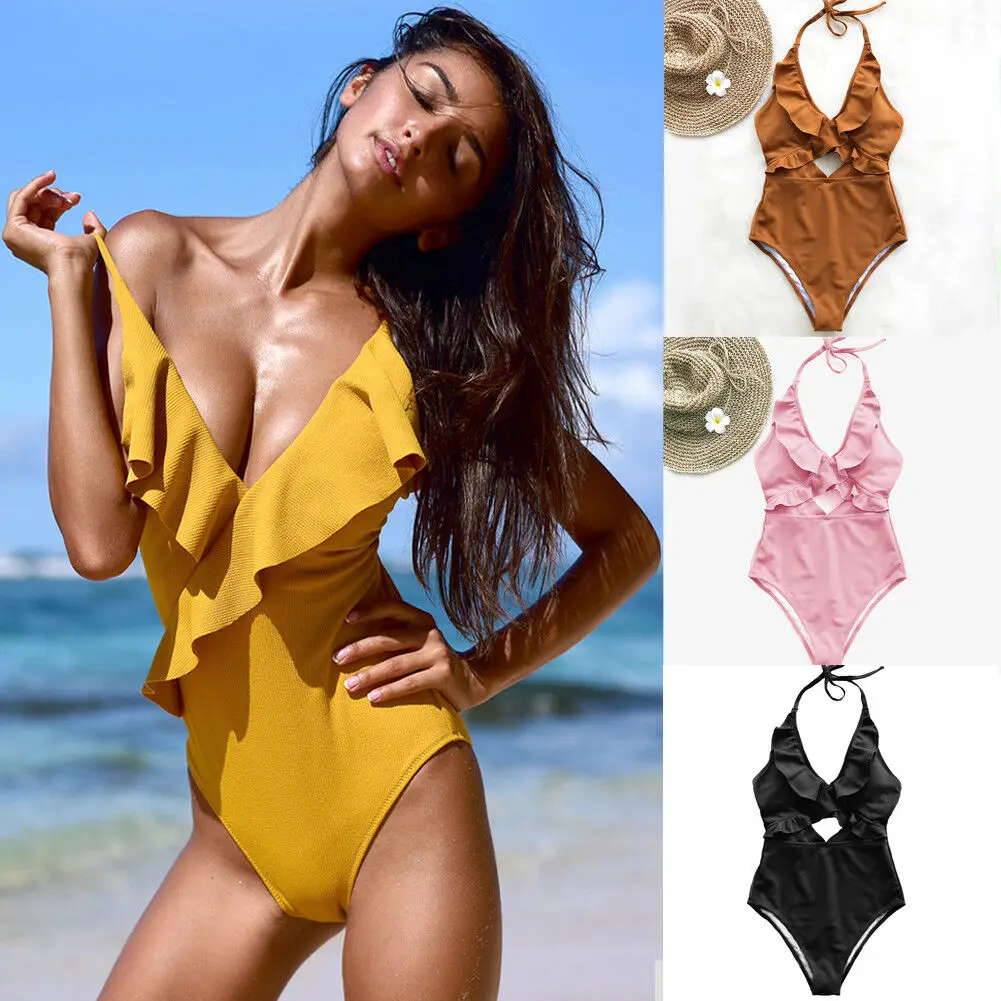 

Ruffle Swimsuit Women Backless Swimwear Women One Piece Swimsuit Padded Bathing Suit Ladies Beachwear Monokini Maillot De Bain
