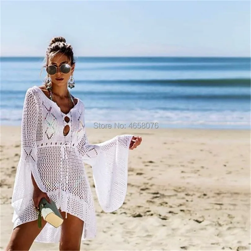 

2019 New Beach Cover Up Bikini Crochet Knitted Beachwear Summer Swimsuit Cover Up Sexy See-through Beach Dress