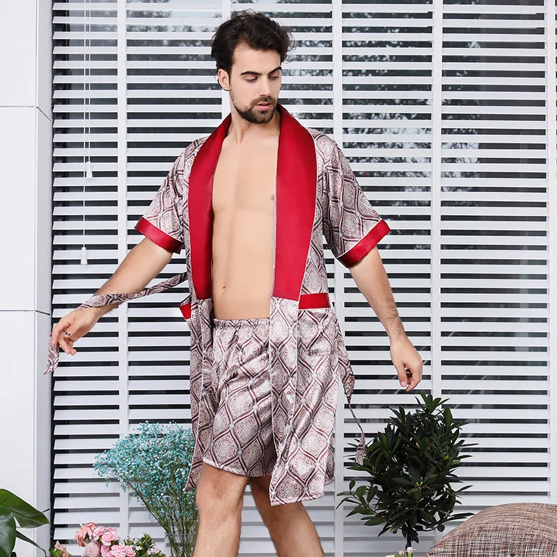 Весенне-летние мужские шелковые полосатые пижамы с длинными рукавами с принтом, шелковые тонкие пижамы, домашняя ночная рубашка