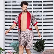 Male Plus Large Size Satin Silk Robe Shorts Two-piece Set Nightclothes Mens Summer Short-Sleeve Printing Silk Pajamas Suit Men's Sleep Male Plus Large Size Satin Silk Robe Shorts Two-piece Set Nightclothes Mens Summer Short-Sleeve Printing Silk Pajamas Suit Men's Sleep