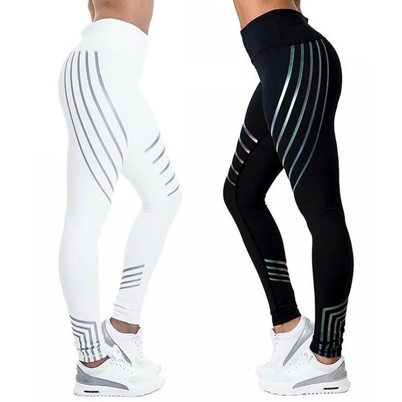 Sports Yoga Pants Women High Waist Elastic Laser Reflective Strips