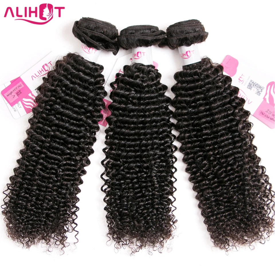 Ali Hot Malaysia Hair Kinky Curly Extensions Human Hair Weaving Bundles Natural Color 3 Piece 100g Non-Remy Free Shipping