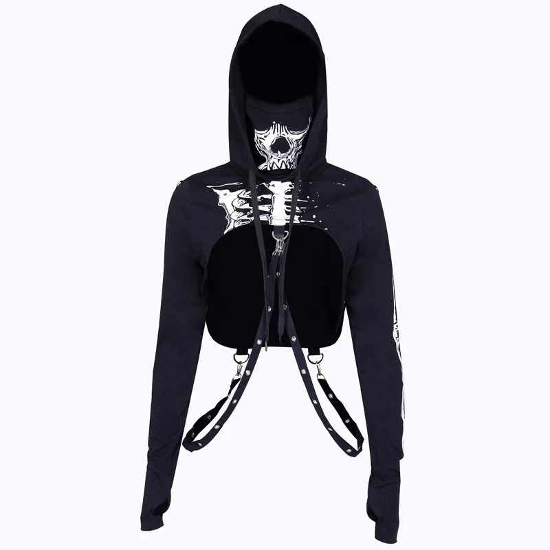 Punk Rock Short Hoodies Women Sweatshirt Dark Fashion Skull Print