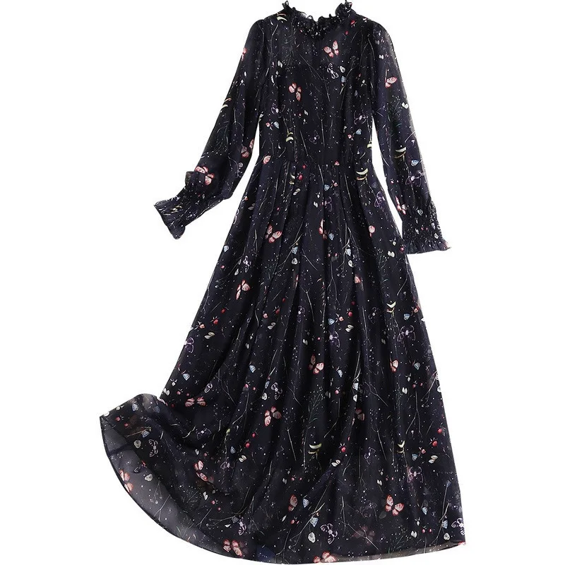 

Korean 2019 Spring Summer Chiffon Dress Women Ruffles Butterflies Print Long Sleeve Floral Black Dress Ladies Robe Femme Longue