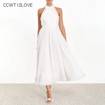 

Summer White Elegant Dress 2019 Women Halter Ruffle Dress Long A Line High Waist Off Shoulder Dresses Big Swing