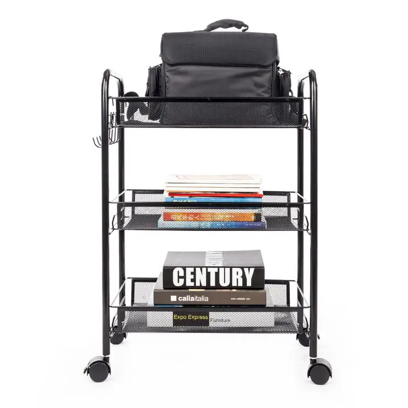 

Three-Layer Exquisite Honeycomb Net Three Tiers Storage Cart Black Home Storage Rack Organizer With Hook