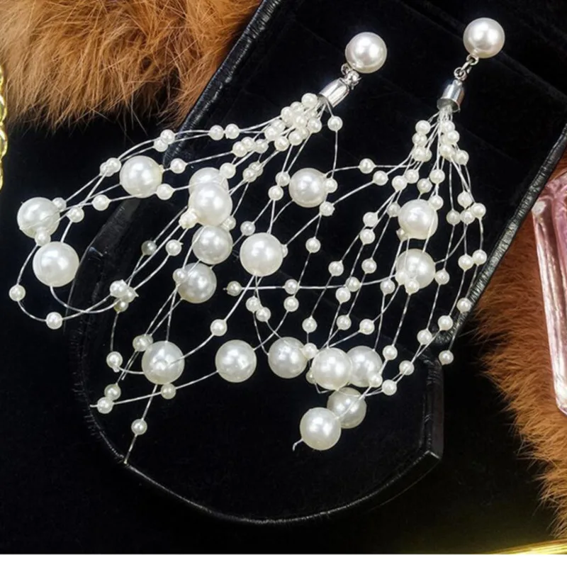 

2019 Statement Delicate Dangle Tassel Brincos Exaggerate Simulated Pearl Beads stud Earings For Bridal Charm Ear Jewelry M29