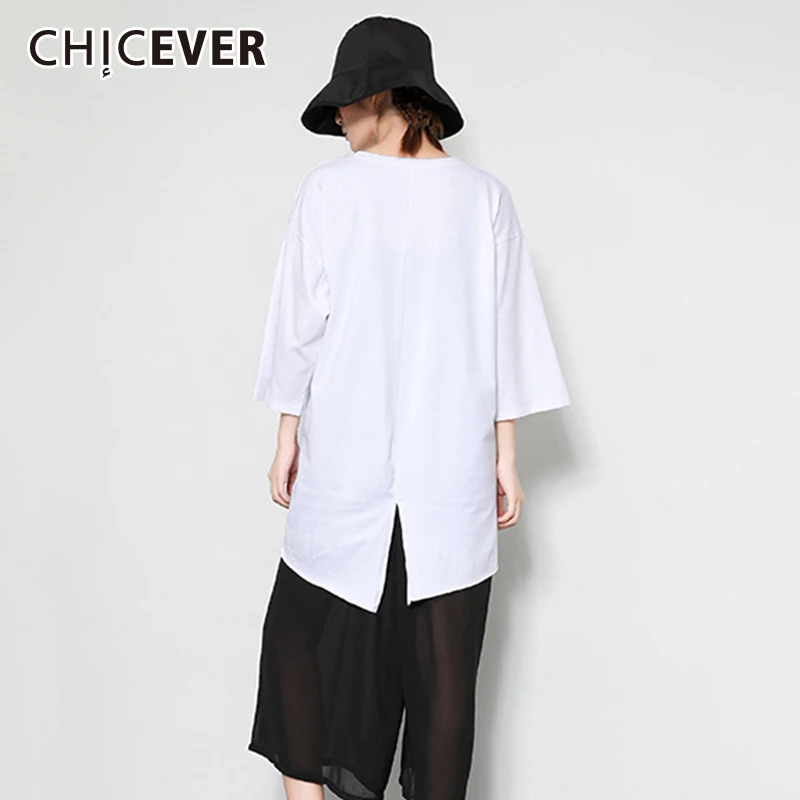 

CHICEVER White Female T-shirt 2019 Summer Three Quarter Sleeve Back Split Casual Summer Tops For Women 2019 Fashion Streetwear