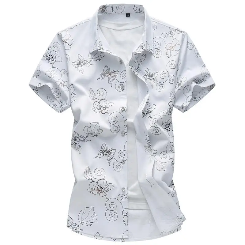 

Mens Shirts Dress Camisa masculina Short sleeve Lapel Collar Blouse Men Blue White Flower Hawaiian Shirt