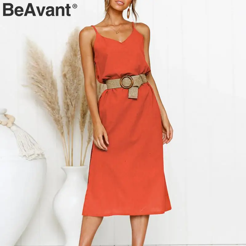 

BeAvant Elegant spaghetti strap women midi dress V-neck cotton sash black button dress Boho plus size summer sundress vestidos