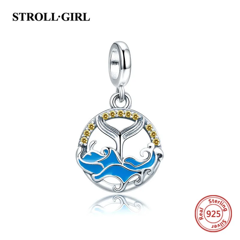 

925 Silver Blue enamel Tail of Whale Charms with yellow Cubic Zircon Bead Fit Original European Bracelet jewelry making for gift