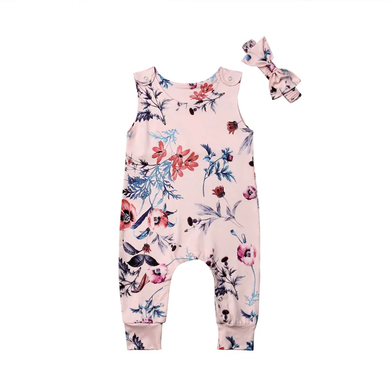 

Cute 2019 Baby Girl Floral Romper Cotton Flower Infant Jumpsuit Sunsuit Clothes+Headband Set Sleeveless Summer Princess Romper