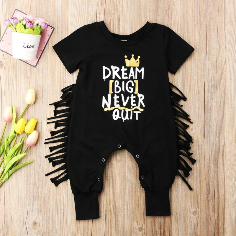 

Casual Baby Clothes Letter Print Girls&Boy Short Sleeve Black Tassels Baby Rompers Jumpsuit Outfit Summer New Born Baby Clothes