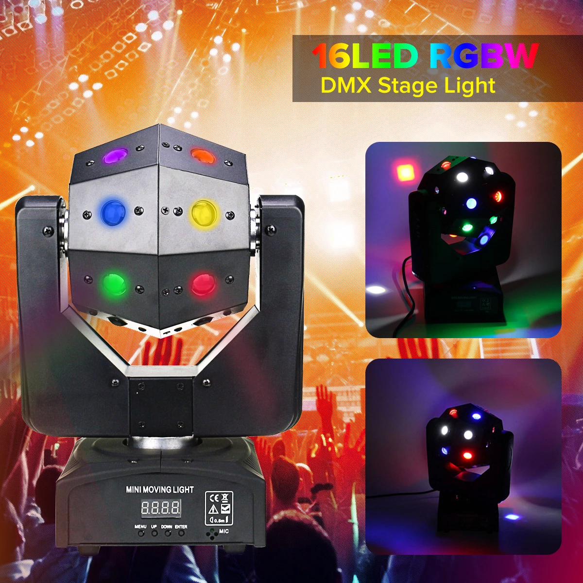 

Smuxi Voice Control RGB 16 LED Mini Moving Head Beam for Disco Party Stage Effect Lighting Sound Control DJ Light AC90-240V