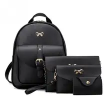 3PcsSet Small Women Backpacks female School Bags For Teenage Girls Black PU Leather Women Backpack Shoulder Bag Purse