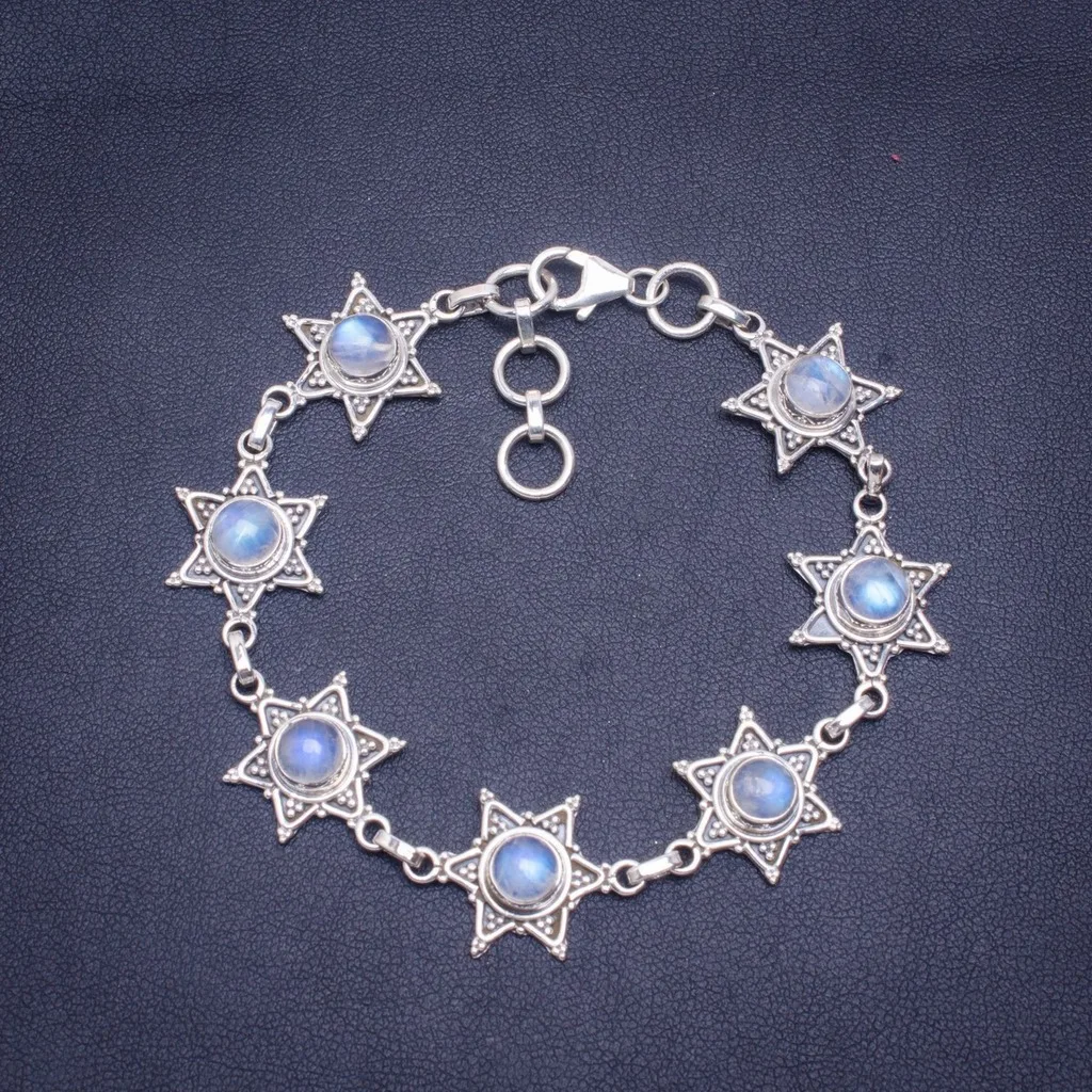 

Natural Rainbow Moonstone Handmade Unique 925 Sterling Silver Bracelet 7.25-8.25" A3023