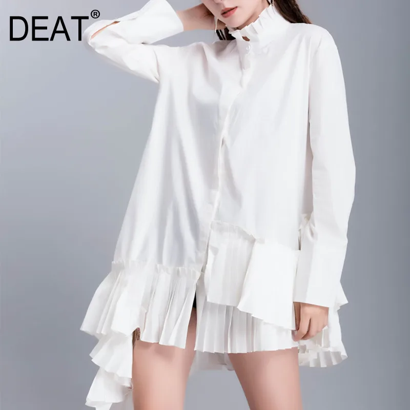 

DEAT 2019 new spring and summer fashion women clothing turn-down collar full sleeves pleated asymmetrical shirt JI824000