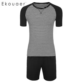 

Ekouaer Men Casual Pajamas Set Short Sleeve O-Neck Striped Tops Elastic Waist Shorts Sleepwear Suit Male Summer Nightwear