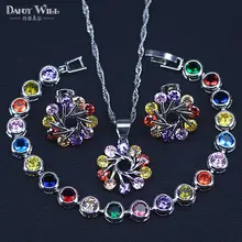 925 пробы серебряная бижутерия набор цветок красочные разноцветные камни серьги ожерелье кулон браслет