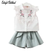 Conjunto de Ropa para Niñas verano vintage blusa bordada floral + pantalones cortos de color caramelo trajes para niños ropa para niños 2-7 años