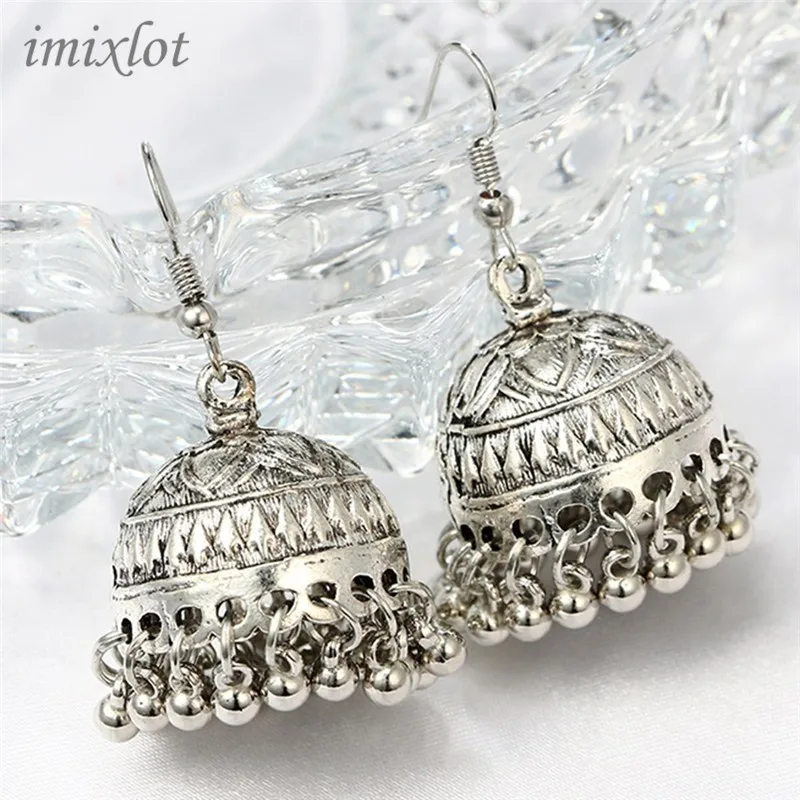 

Hot Sale Brinco Brincos Ethnic Jhumka Jhumki Bell Drop Beads Earring Carved Lotus Tradition Dangle Earrings Jewelry