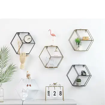 Hexagon Decorative Hanging Wall Shelf Wrought Iron Storage Rack Living Room bedroom DIY Wall Decor Holder Flower Pot Craft Shelf