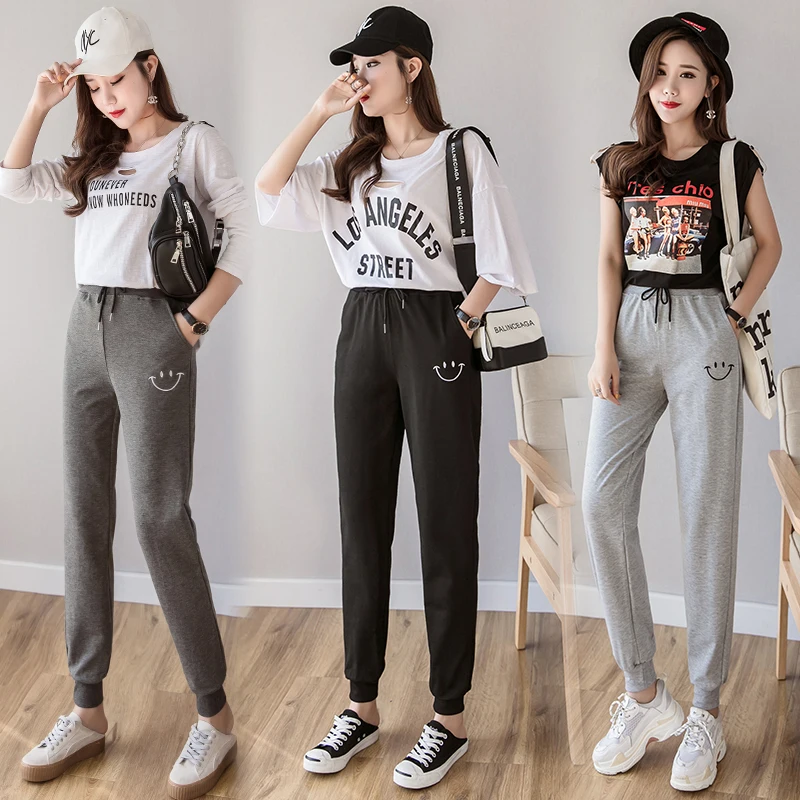 

Women High Waist Casual Smile Print Sports Pants Spring Summer Harem Pants Jogger Pant 2019 New Female Black Loose Long Trousers