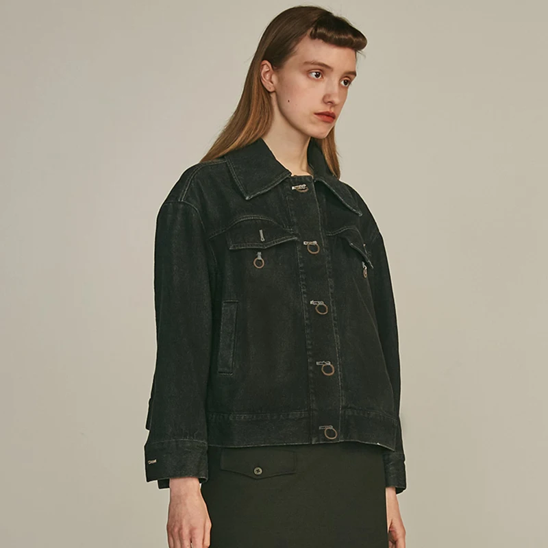 Grande Poche Manteau Nouveau Printemps Veste Black Manches D'été Longues Fendue E652 Revers À Noir 2019 Commune Taille Mode Denim De Lâche Femmes Marée edBxCo