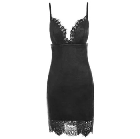 Women Lady Bodycon Leather Dress Party Dress Spaghetti Strap V Neck Lace Tassel Club Short Mini Dress