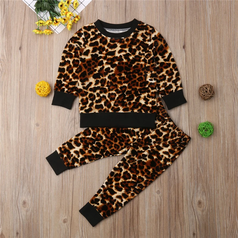 

Leopard Spring Long Sleeve Round Neck T Shirt Top Pants Outfits Costume Tracksuit 2PCs Newborn Kids Baby Girls Clothes Set