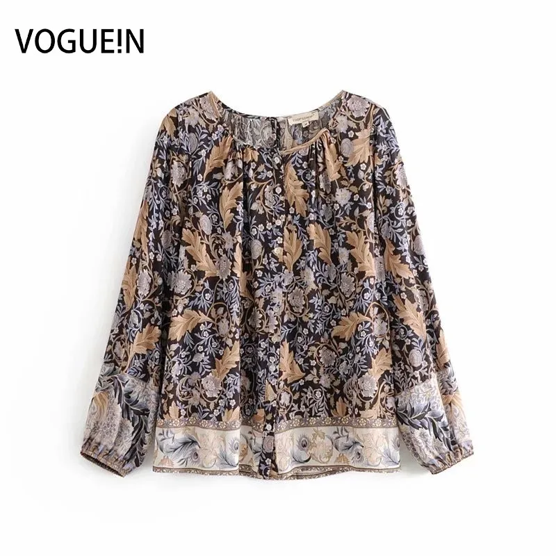 

VOGUEIN New Womens Boho Peacock Floral Print O-Neck Long Sleeve Blouse Shirt Top Wholesale
