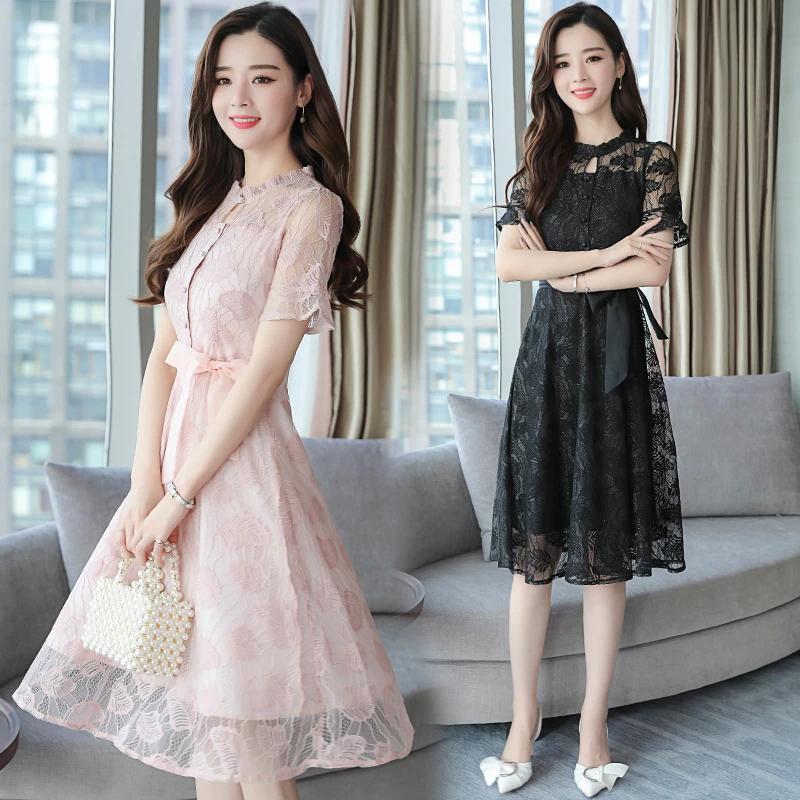 

2019 New Summer Women dress Slim Hollow Out In Long Closed Waist Dresses White Black Lake Blue Pale Pinkish Grey 6913