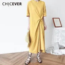 CHICEVER платье для Для женщин для вечеринок с круглым вырезом и полуторным рукавом Свободные АСИММЕТРИЧНЫМ ПОДОЛОМ длинные платья в Корейском стиле Модные Повседневная одежда Новинка