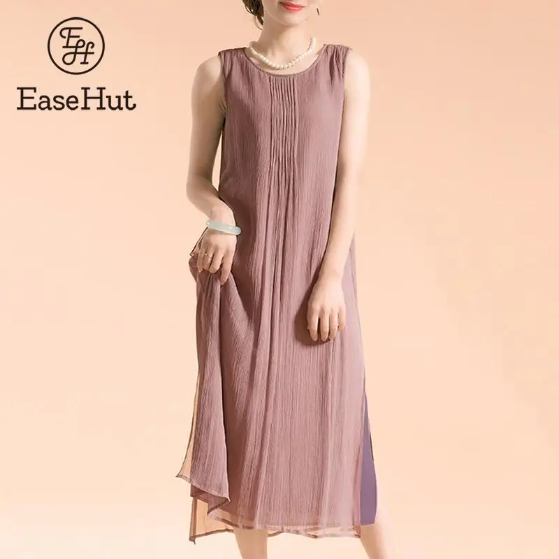 

EaseHut Vintage Women Sleeveless Dress O Neck Cotton Line Split Dress Casual Loose Summer Beach Midi Long Dress Robe Vestidos