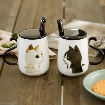 

500ml Cartoon Cat Ceramics Mug With Lid And Spoon Coffee Milk Tea Mugs Breakfast Cup Drinkware Novelty Gifts