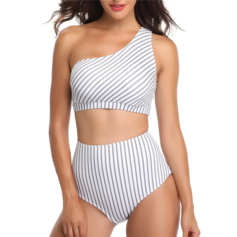 

Sexy Swimwear Women Bikini Set 2019 Mujer Brazilian Striped Swim Swimsuit One Shoulder High Waist Bathing Suit Biquinis Feminino