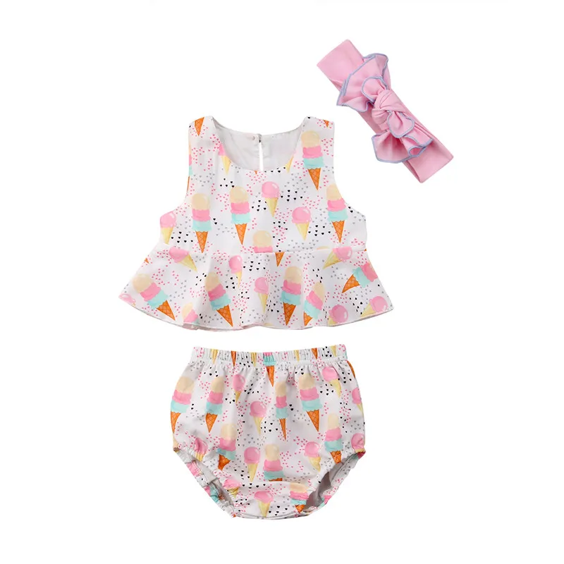 

2018 New Ice Cream Printed Baby Girls Outfits Sleeveless Tops T shirt Shorts Briefs Headband 3pcs Summer Beach Set Clothes