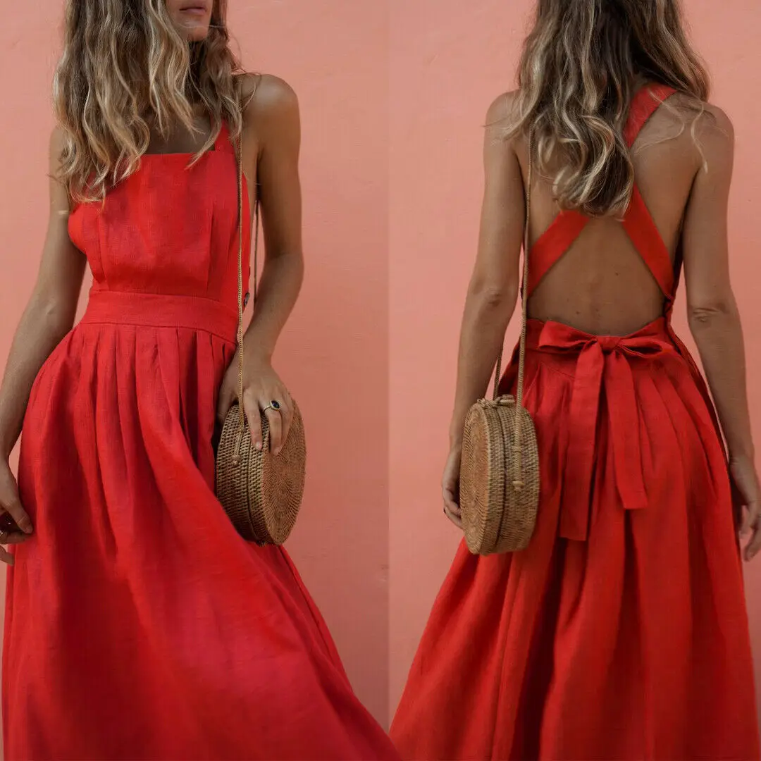 Women Summer Boho Long Maxi Dress Sleeveless Backless Bandage Loose Dress Party Beach Sundress