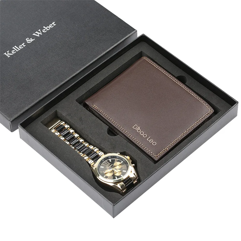 

Luxury Mens Watch Chronograph Wristwatch Gift Set with Leather Wallet High Quality Present Clock Set for Male reloj masculino