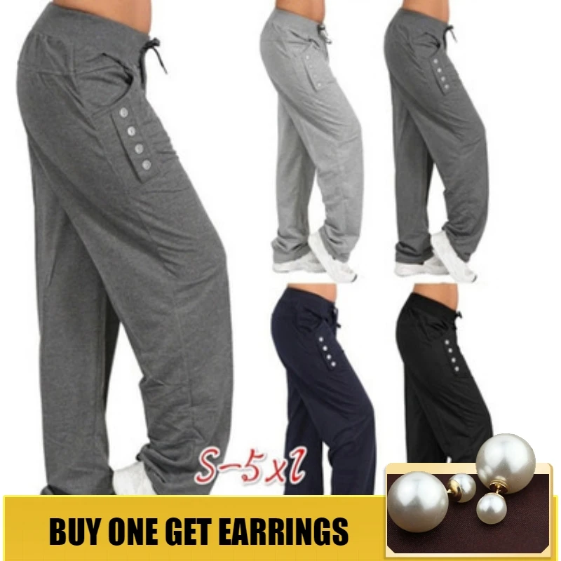 HOUZHOU S-5XL Drawstring Solid Harem Pants Women Loose Straight Ankle Length Trousers Mid Elastic Waist Plus Size Button Jogger HOUZHOU S-5XL Drawstring Solid Harem Pants Women Loose Straight Ankle Length Trousers Mid Elastic Waist Plus Size Button Jogger