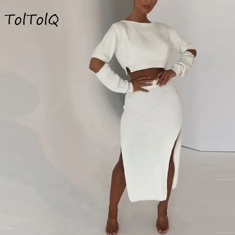 

TolTolQ Sexy Fashion Women 2 Piece Set Long Sleeve Crop Tops And High Waist Split Skirt Hollow Out Suits Elegant Club Party Set