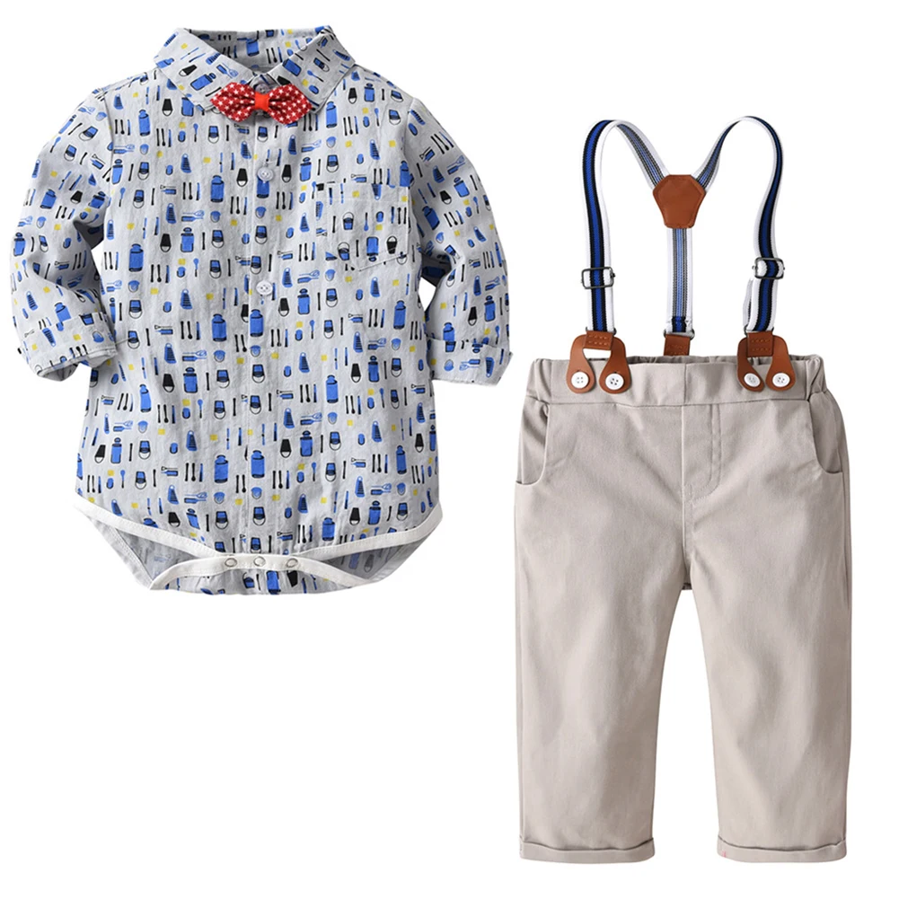 

Infant Baby'S Sets Boy Gentleman Suits 3pcs Print Long Sleeve Romper+ Bowtie+ Bib Pants