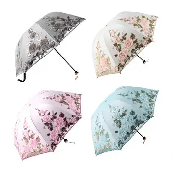 

Tri-Fold Double-Layer Embroidery Flower Lace Umbrella Anti-Sun Parasol Black Plastic Anti-UV Umbrella