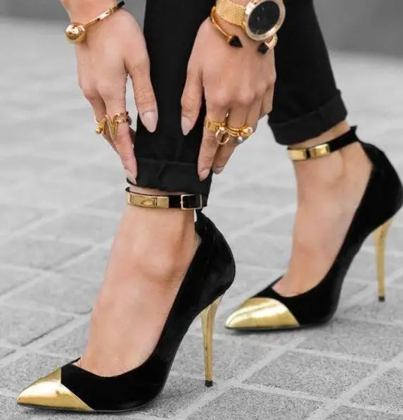 gold pointed heels with ankle strap