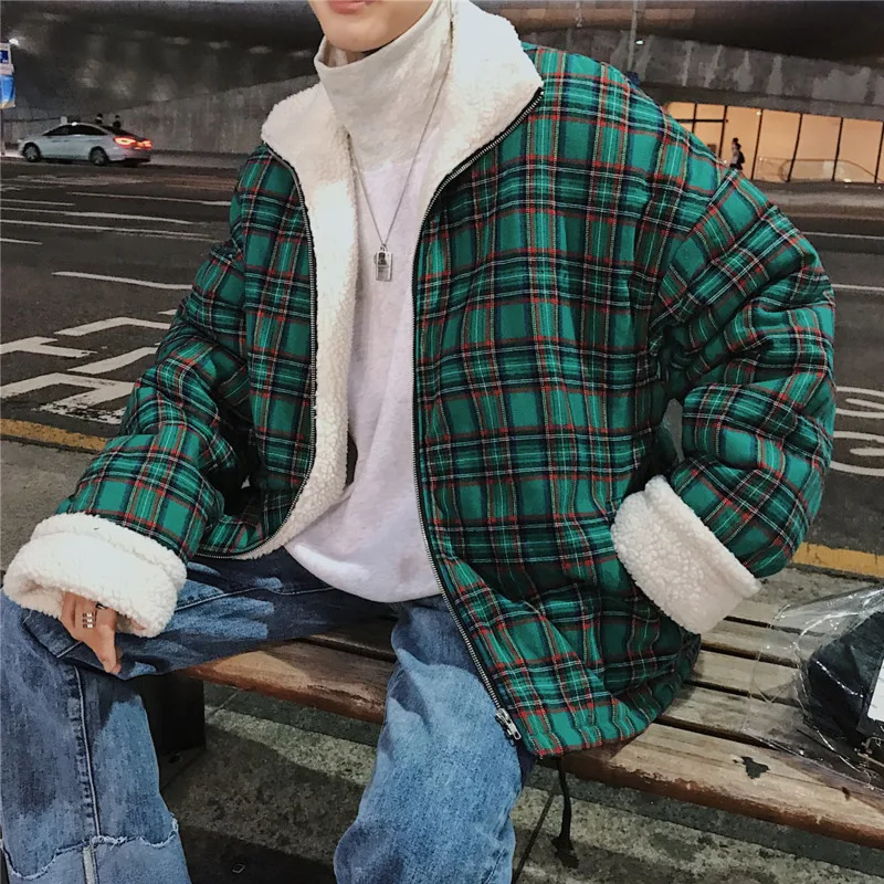 

Fashion Casual Men's Winter New Cotton Coat M-XL Youth Personality Wild Temperament Loose Color Matching Lattice Long Sleeve